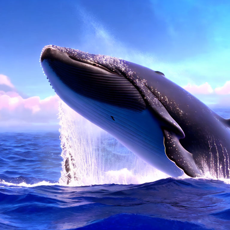 Humpback whale breaching with open mouth against sunset sky