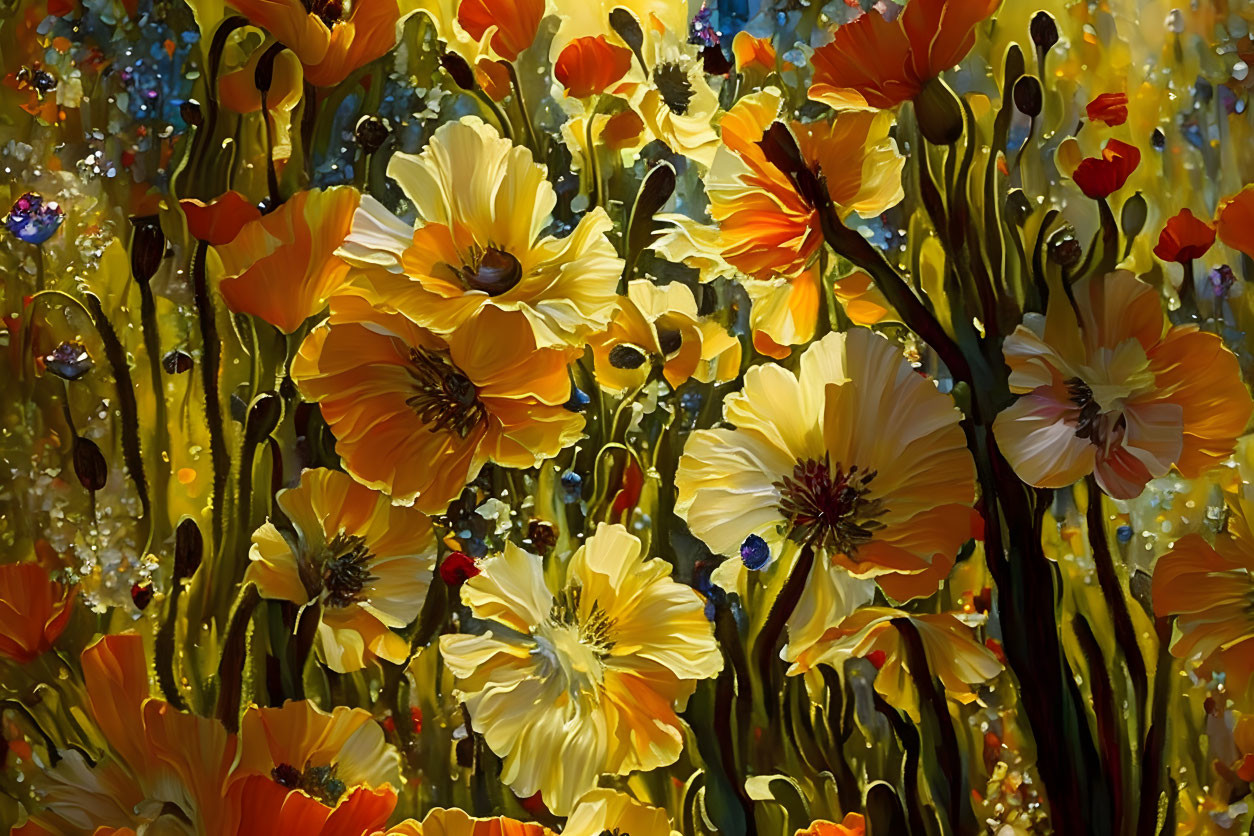 Colorful Poppy Field Painting with Vibrant Yellows and Oranges