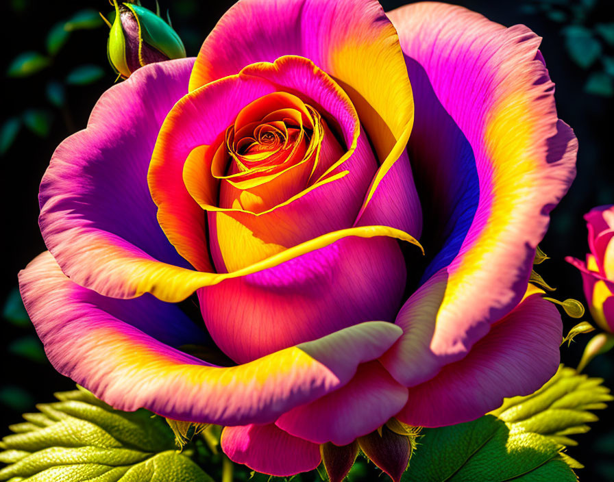 Colorful Pink and Yellow Rose with Green Leaves and Bud