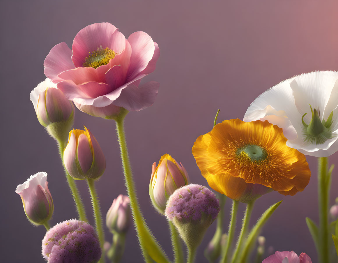 Colorful Poppy Flowers in Various Stages of Bloom on Soft Purple Background