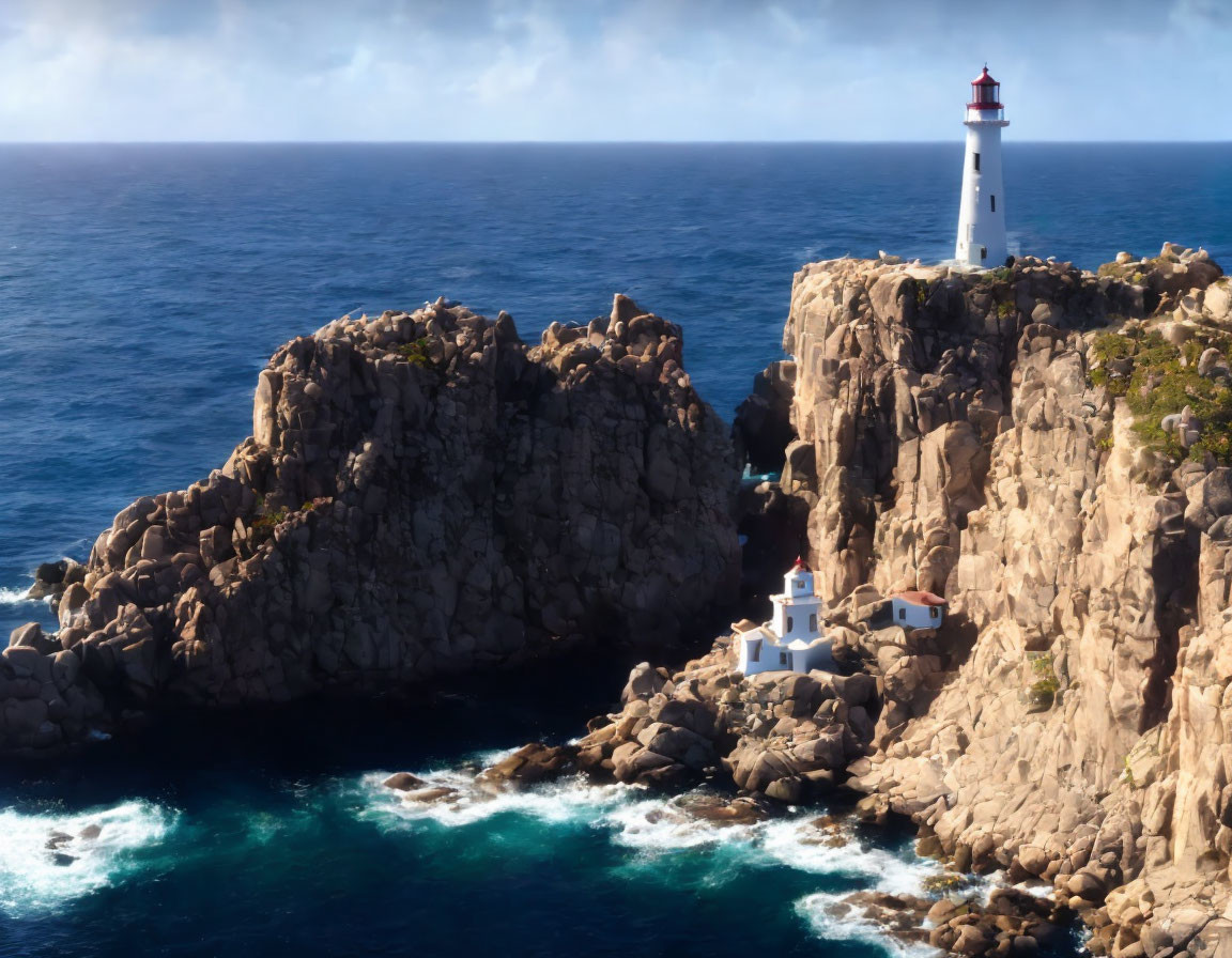 Scenic lighthouse on rugged cliffs overlooking ocean and sky