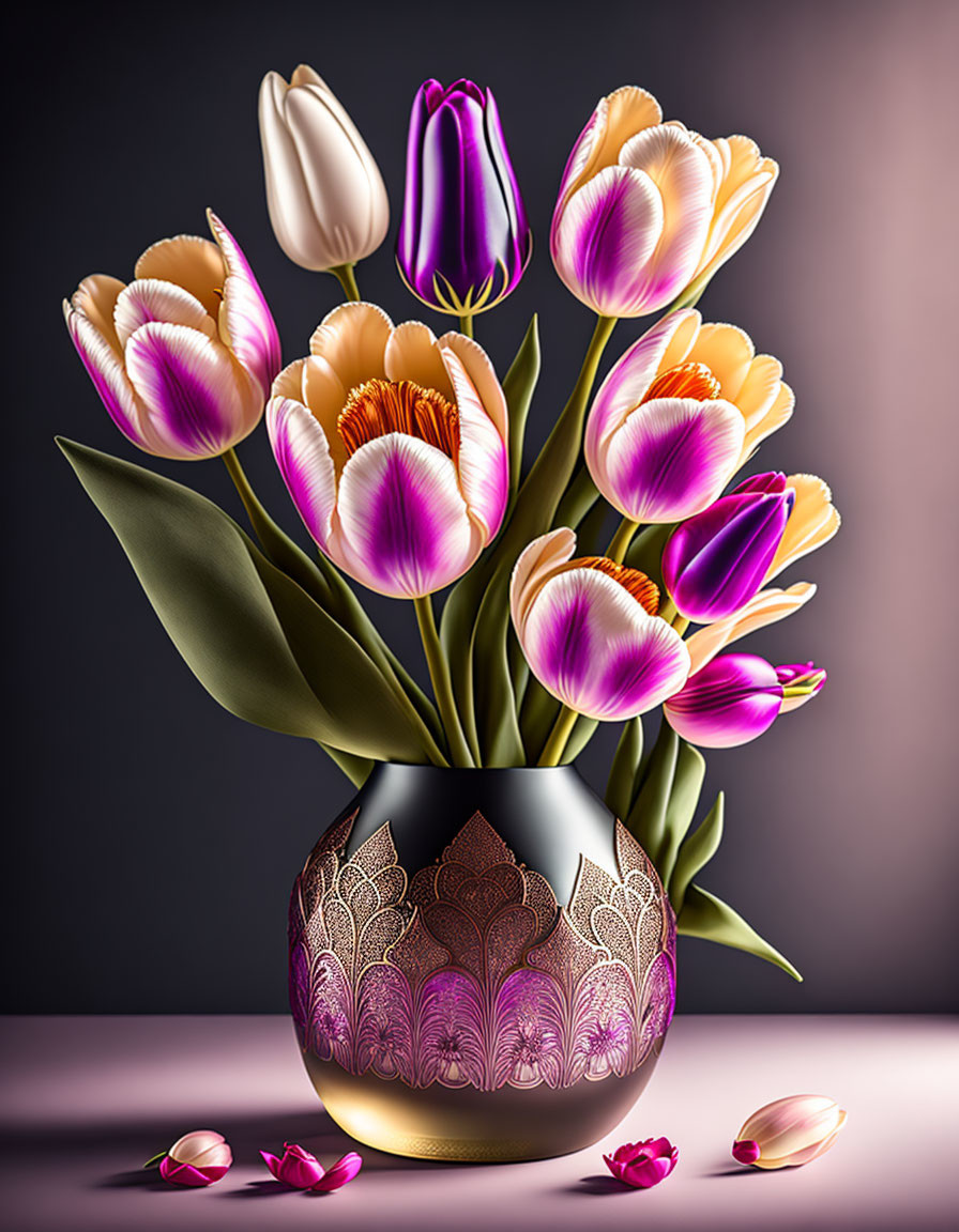 Multicolored Tulip Bouquet in Decorative Vase on Dual-tone Backdrop