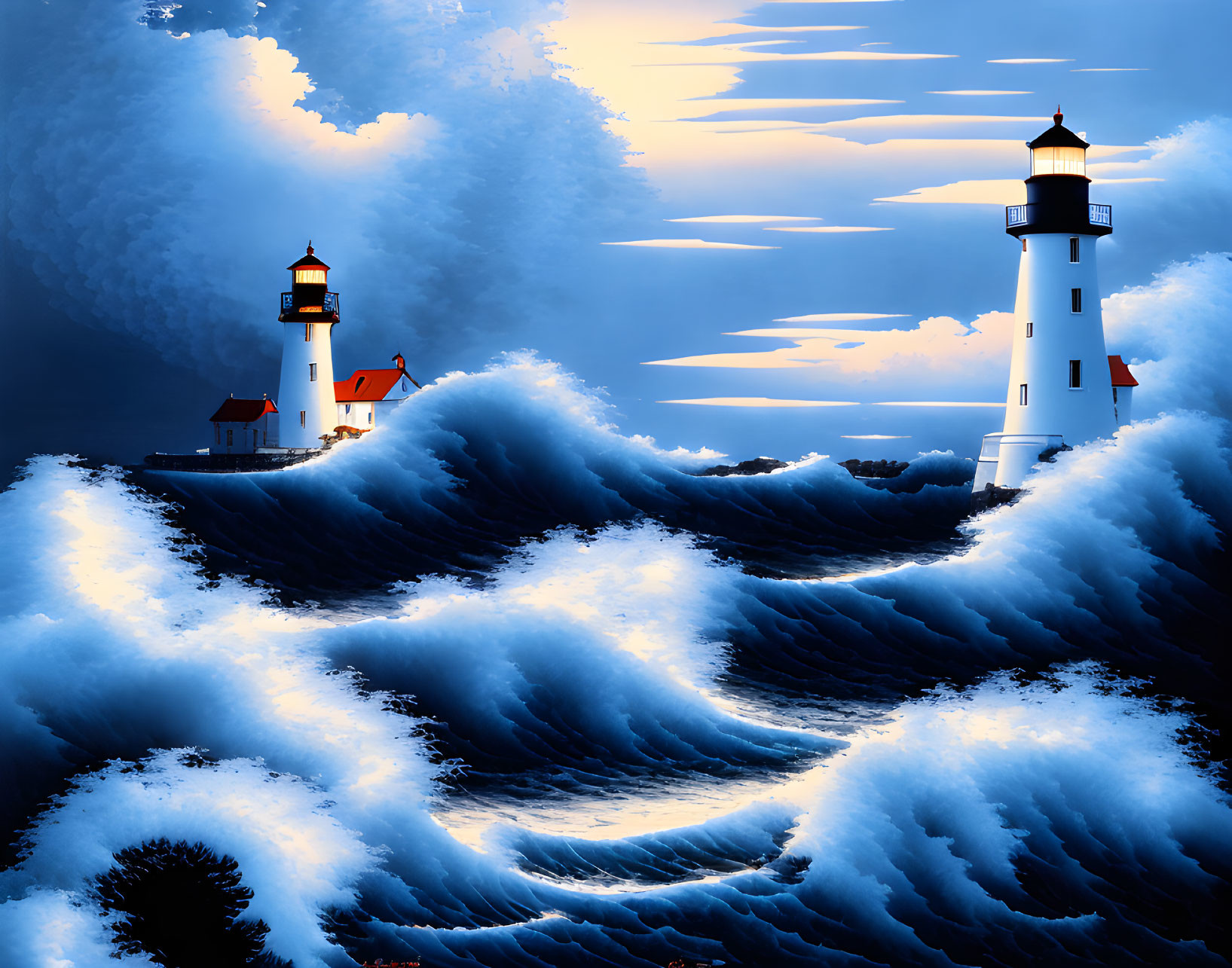 Tall lighthouse in stormy sea with shining beacon