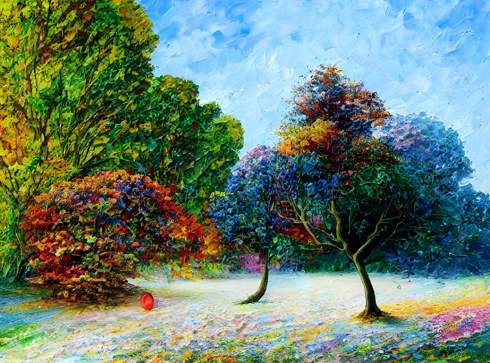 Colorful Autumn Park Painting with Trees and Red Balloon