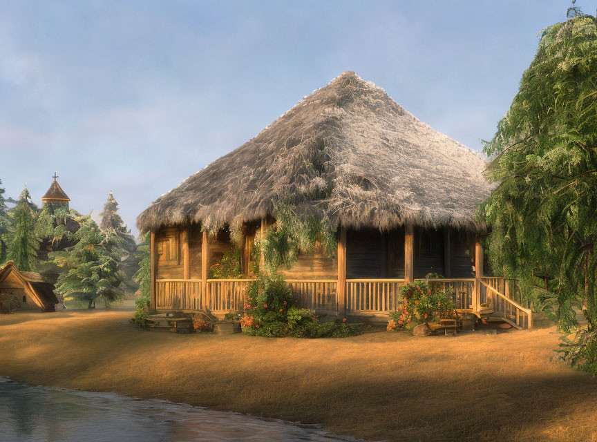 Traditional Thatched-Roof House by Calm River in Lush Greenery