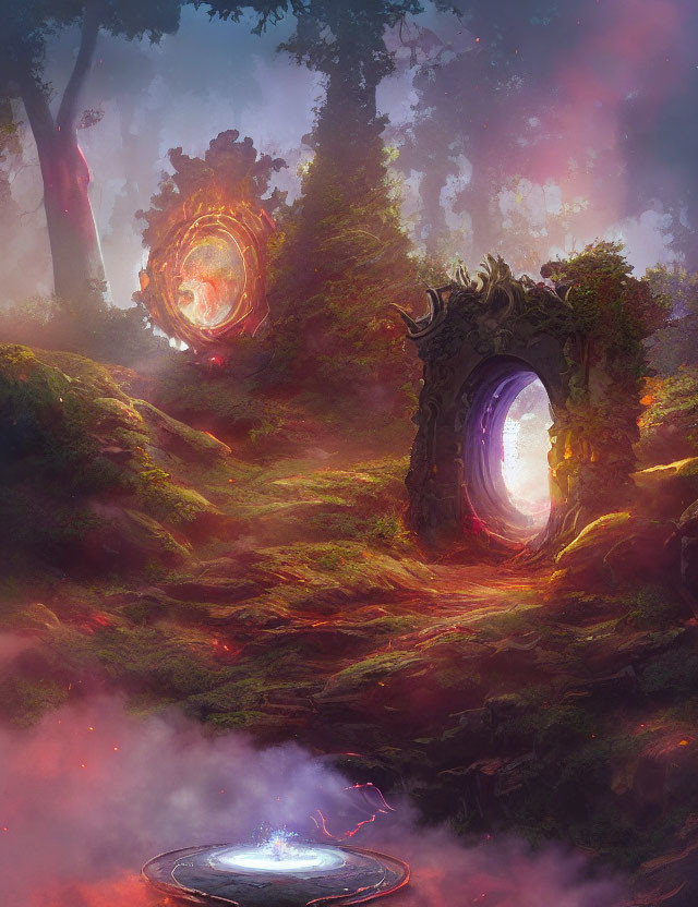 Mystical forest scene with glowing portals, hills, and reflective pool.