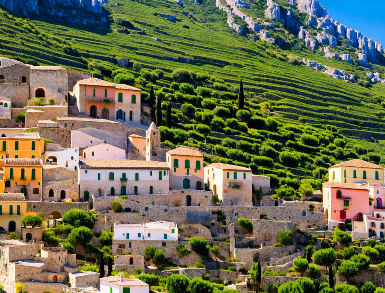 Colorful Houses on Terraced Mediterranean Hillside under Blue Sky