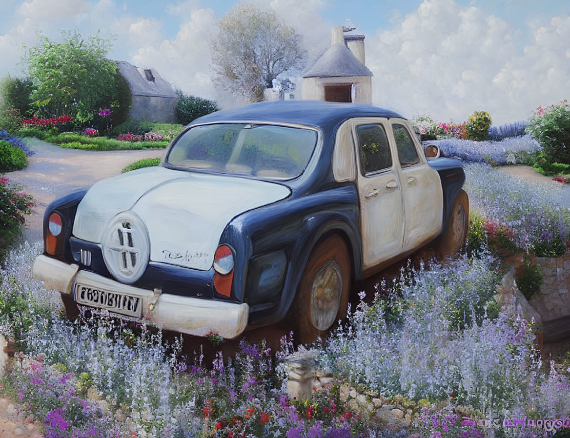 Vintage car in countryside with rustic cottages and blue sky