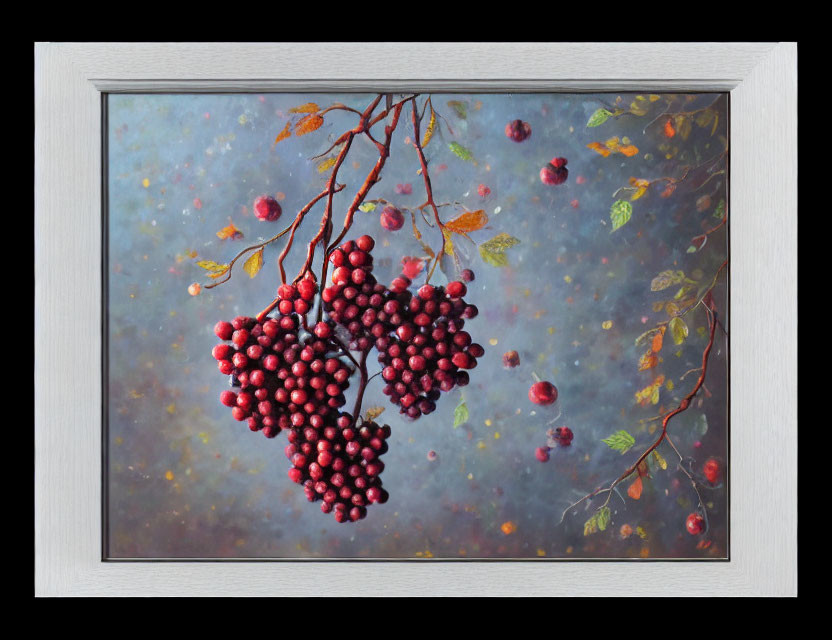 Framed painting of red berries on branch with leaves against blue-gray background