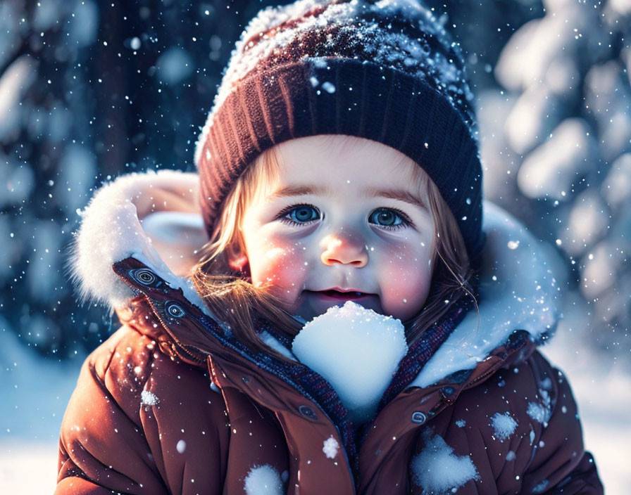 Toddler in brown jacket smiling with snowflakes in snowy scene