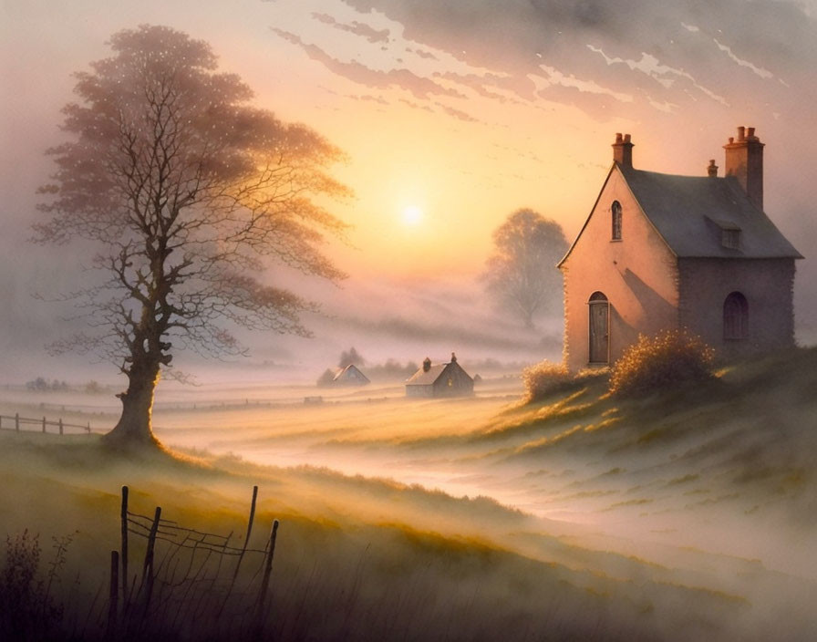 Tranquil countryside sunrise with misty glow, cottage, leafless tree, distant homes.