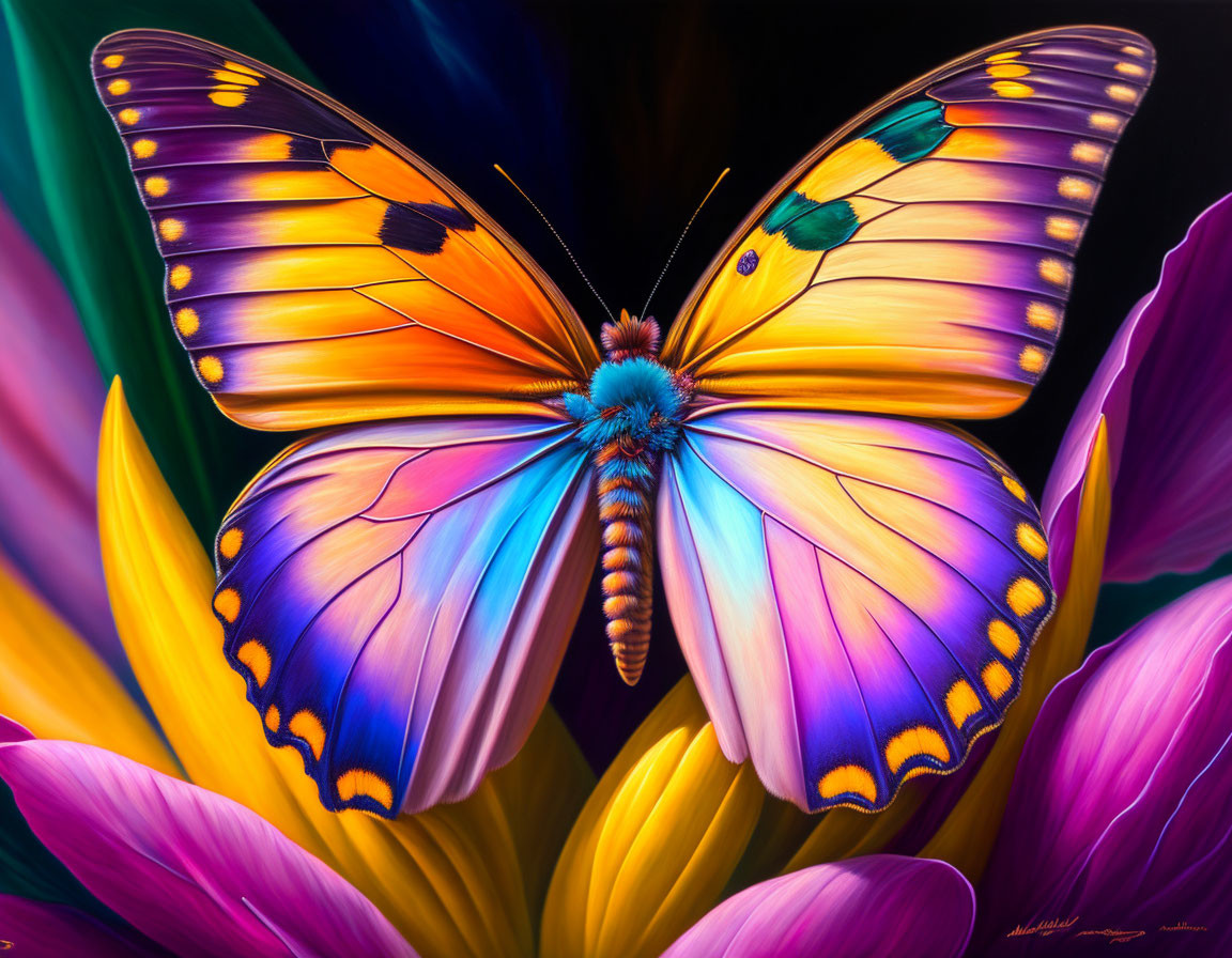 Colorful Butterfly on Orange and Blue Flowers with Dark Background