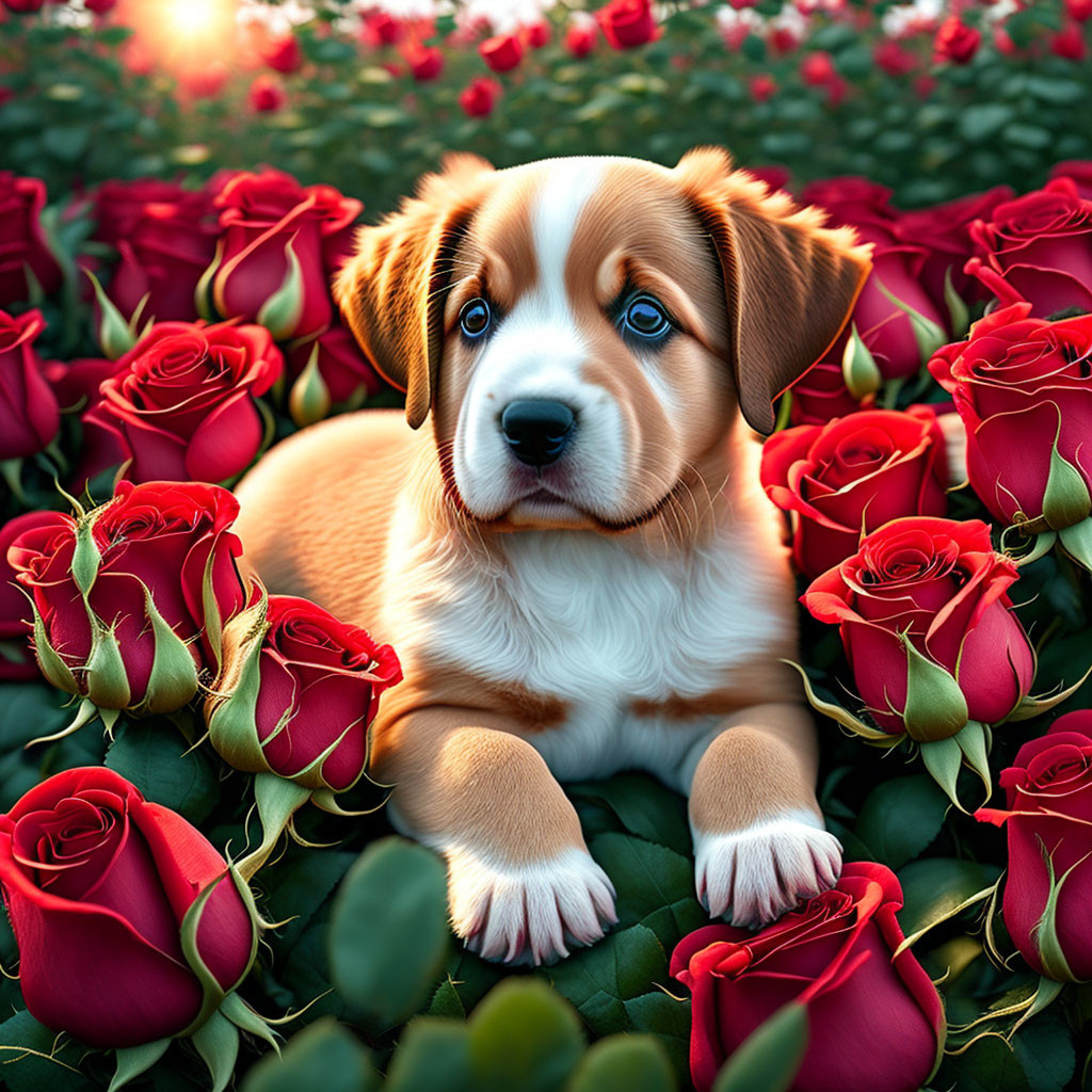 Adorable Puppy Surrounded by Red Roses