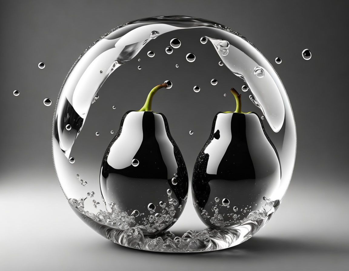 Two glossy black pears in water droplet bubble on gray background