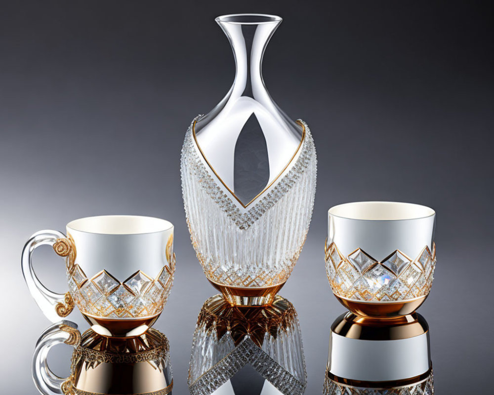 Clear Crystal Vase and Ornate Cups with Gold Accents