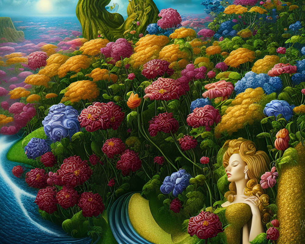 Colorful painting of woman with floral hair in fantasy garden