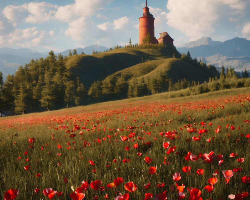 Red Poppy Field with Ancient Castle and Rolling Hills Scenery