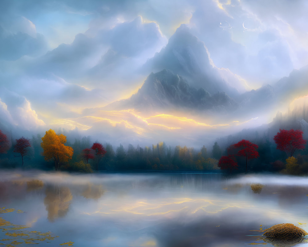 Mountain landscape with sunlit clouds over tranquil lake and autumn trees