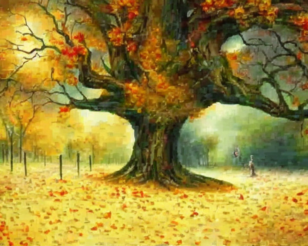 Majestic tree with orange leaves in golden autumn landscape