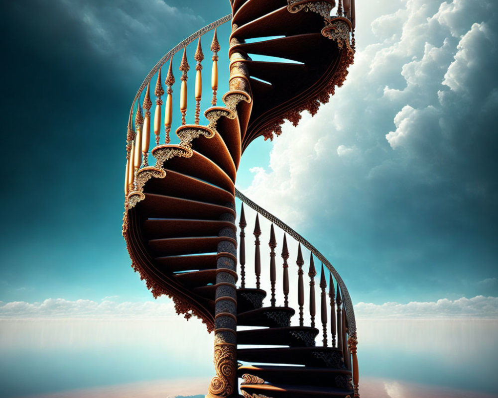 Spiral staircase reflecting on water under blue sky