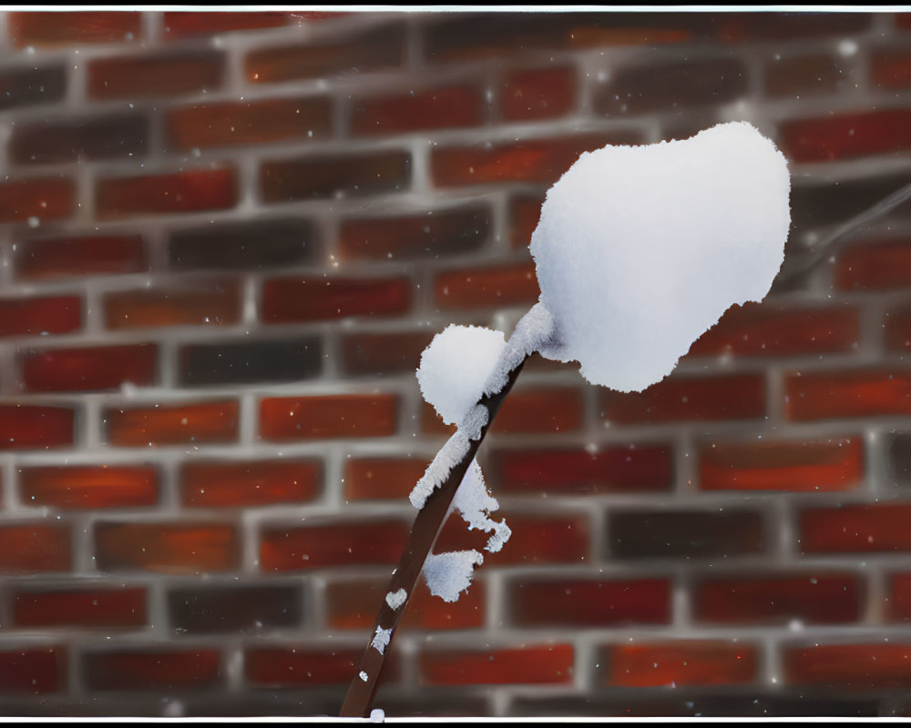 Snow-covered satellite dish against red brick wall with falling snowflakes