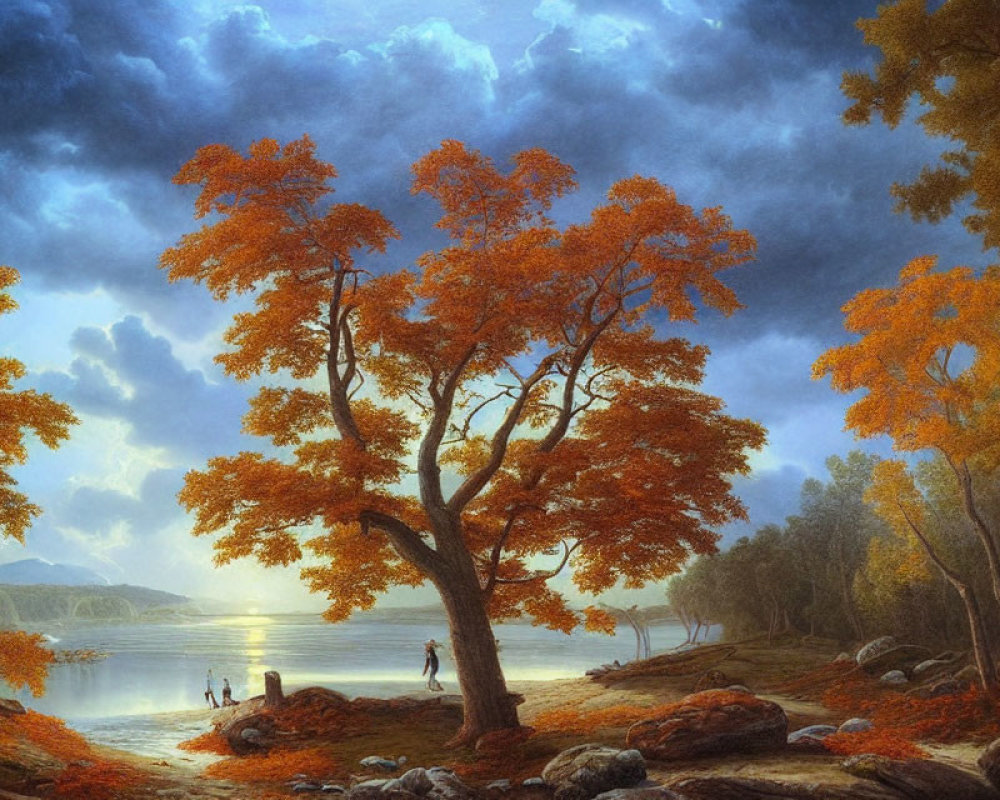 Tranquil landscape: orange-leafed tree, serene lake, cloudy sky, distant mountains.