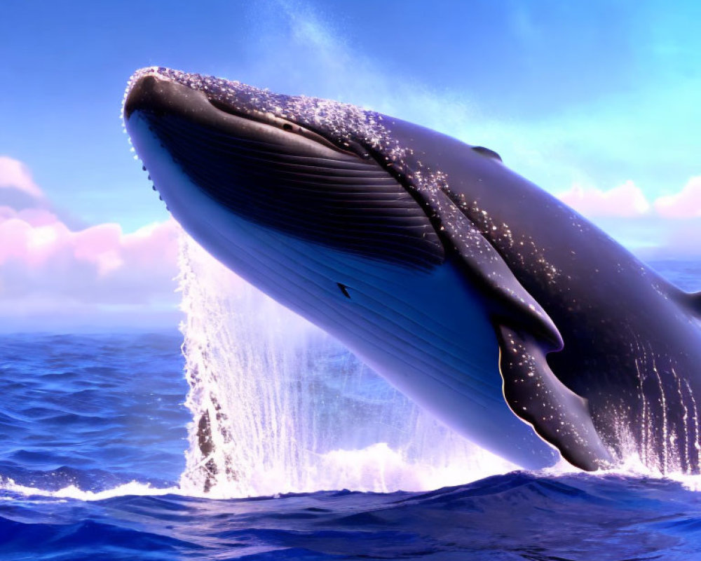 Humpback whale breaching with open mouth against sunset sky