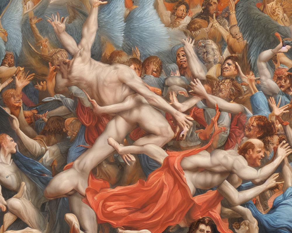 Baroque-style painting with angels & human figures in dynamic motion