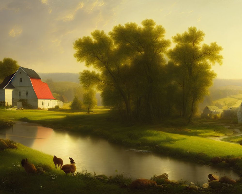 Rural sunset landscape with red-roofed barn, grazing cattle, lush trees