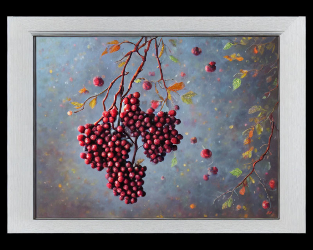 Framed painting of red berries on branch with leaves against blue-gray background