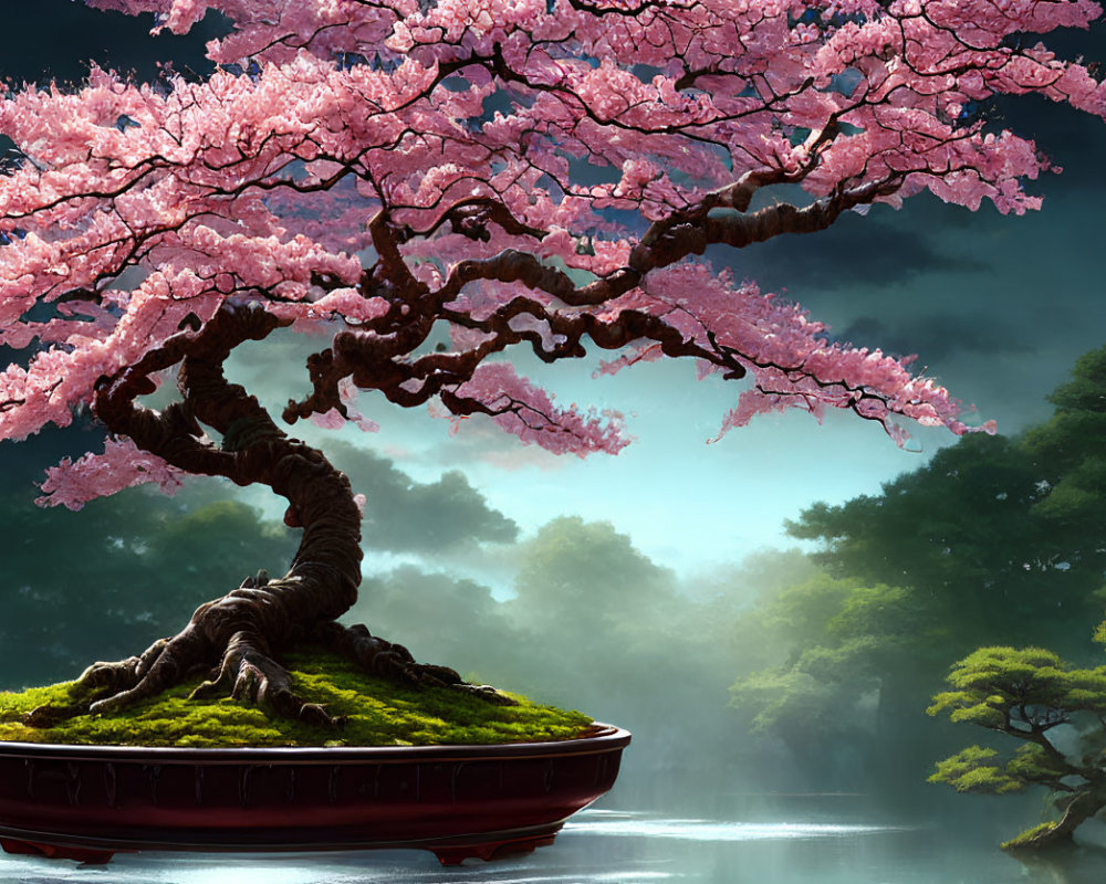 Vibrant cherry blossom bonsai tree with pink flowers in red pot against misty forest background