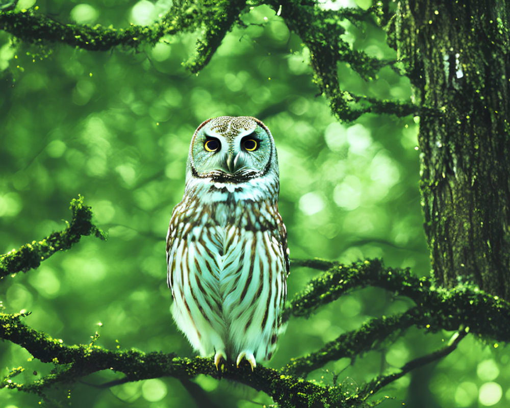 Owl perched on moss-covered branch in lush green forest