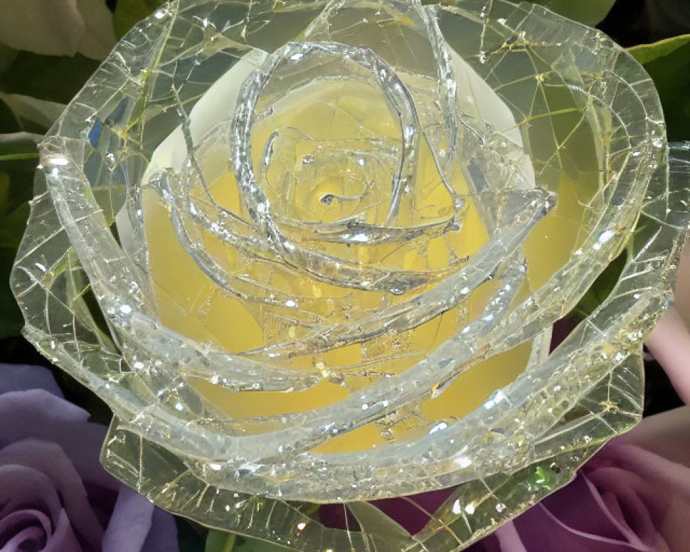 Shattered glass rose with yellow center on purple flower backdrop