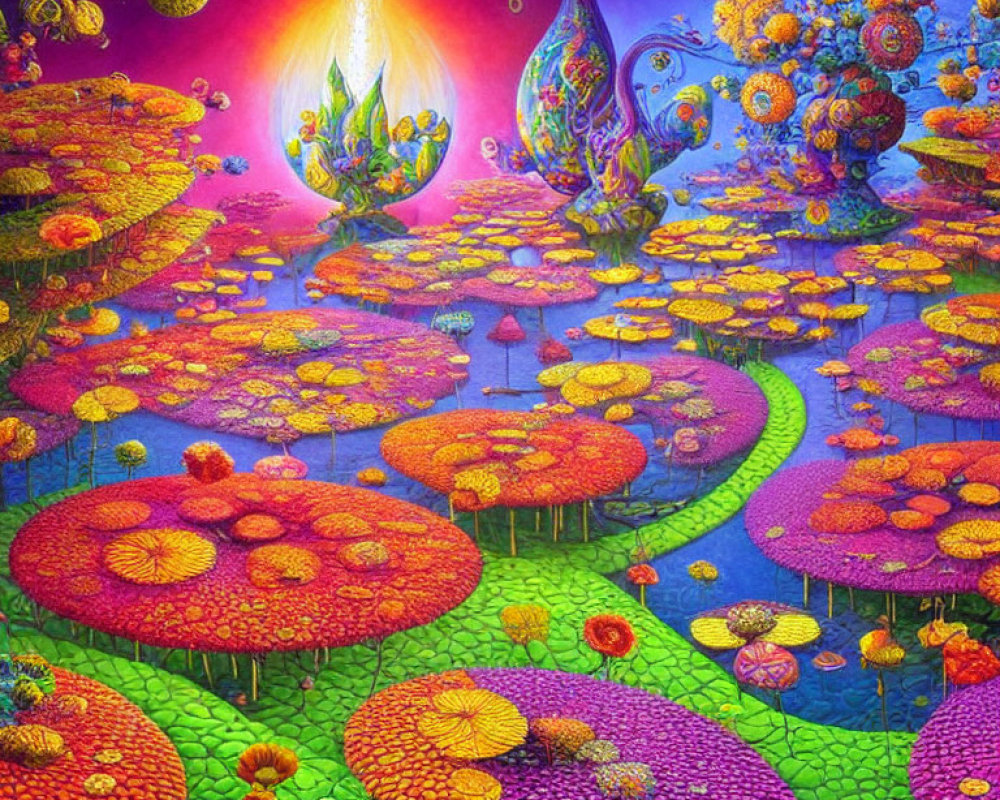 Colorful Fantasy Landscape with Sunlit Lily Pads and Whimsical Flora