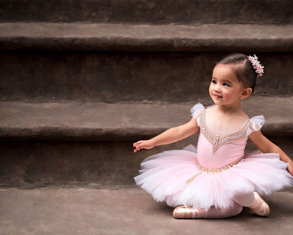 Child in pink tutu and ballet slippers sitting on gray steps with decorative hair clip