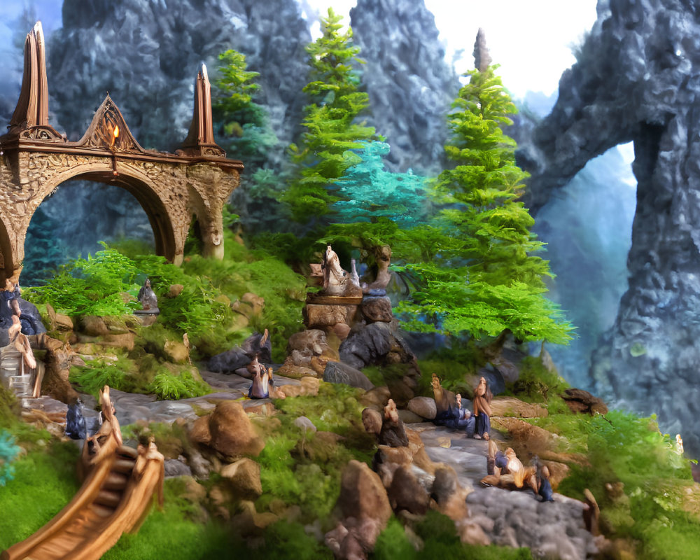Miniature fantasy landscape with stone bridge, lush greenery, figures by stream, and ornate statue