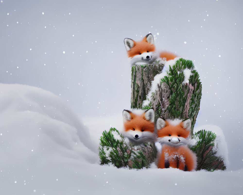 Three red foxes in snowy winter scene with falling snowflakes