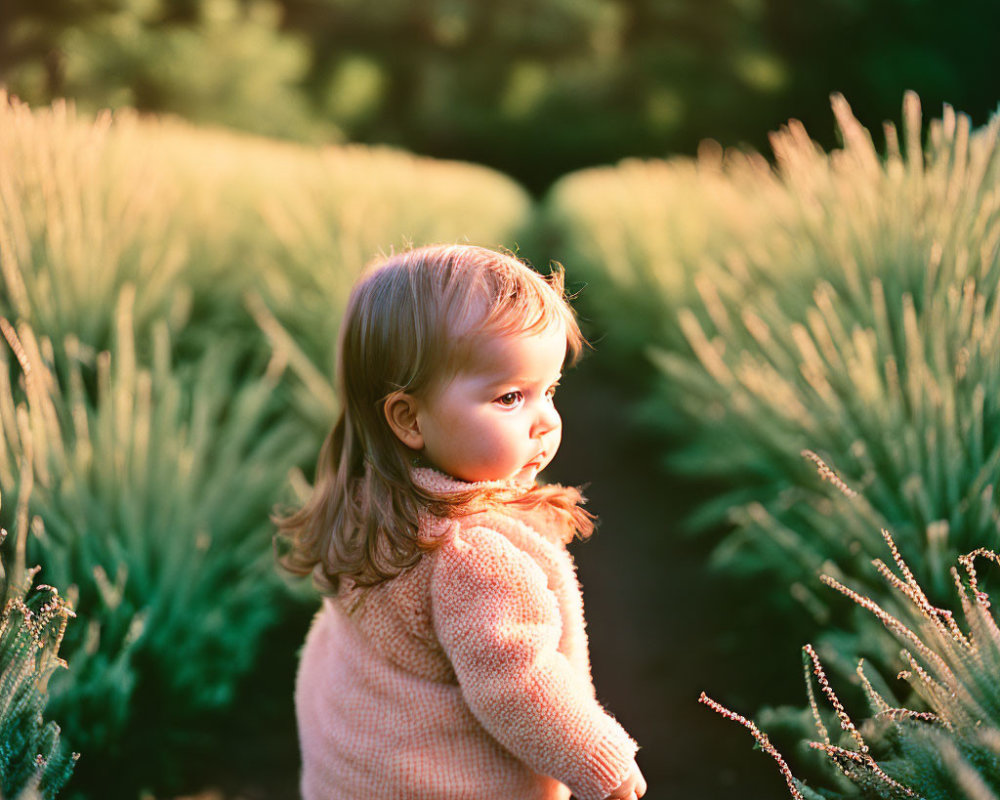 Young child in pink sweater amid tall grasses under sunlight.