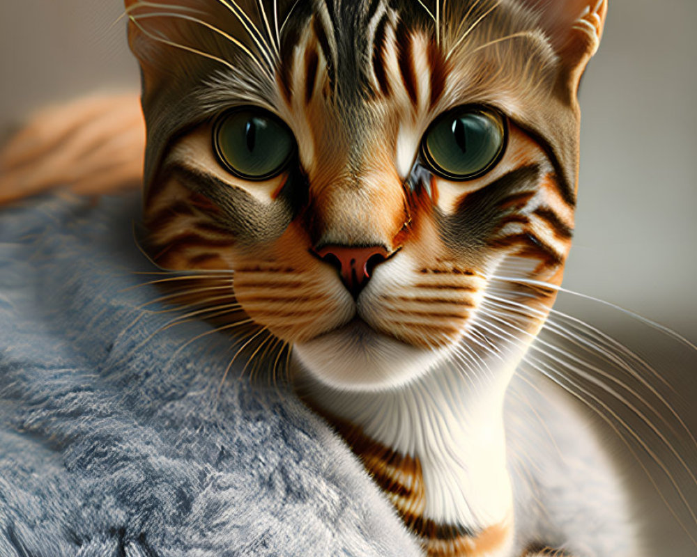 Striped Cat with Green Eyes Resting in Blue Blanket