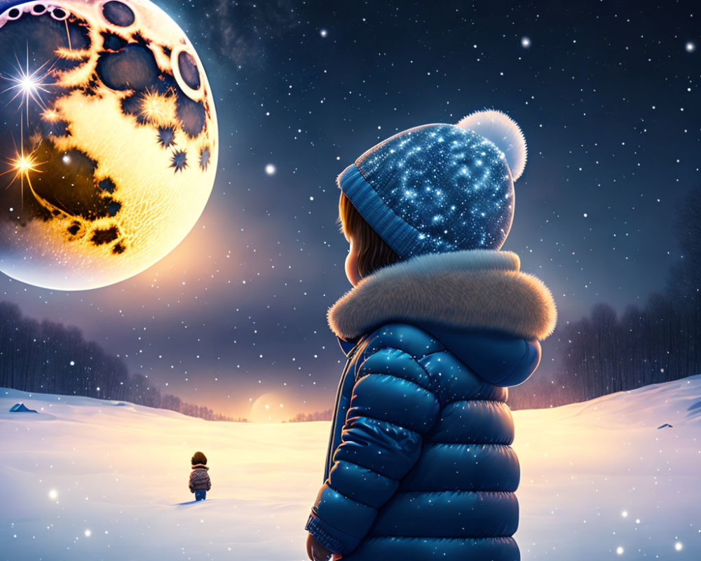 Children in winter clothing under fantastical moon in snowy landscape