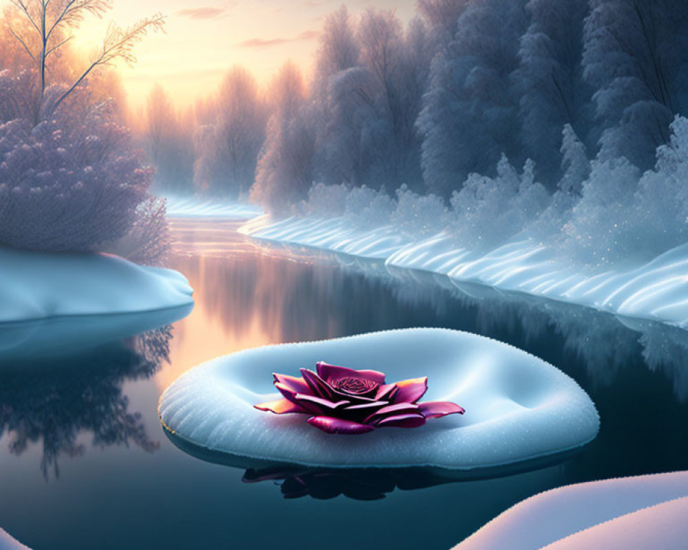 Colorful lotus flower on snowy riverbank with frost-covered trees and pink dawn sky