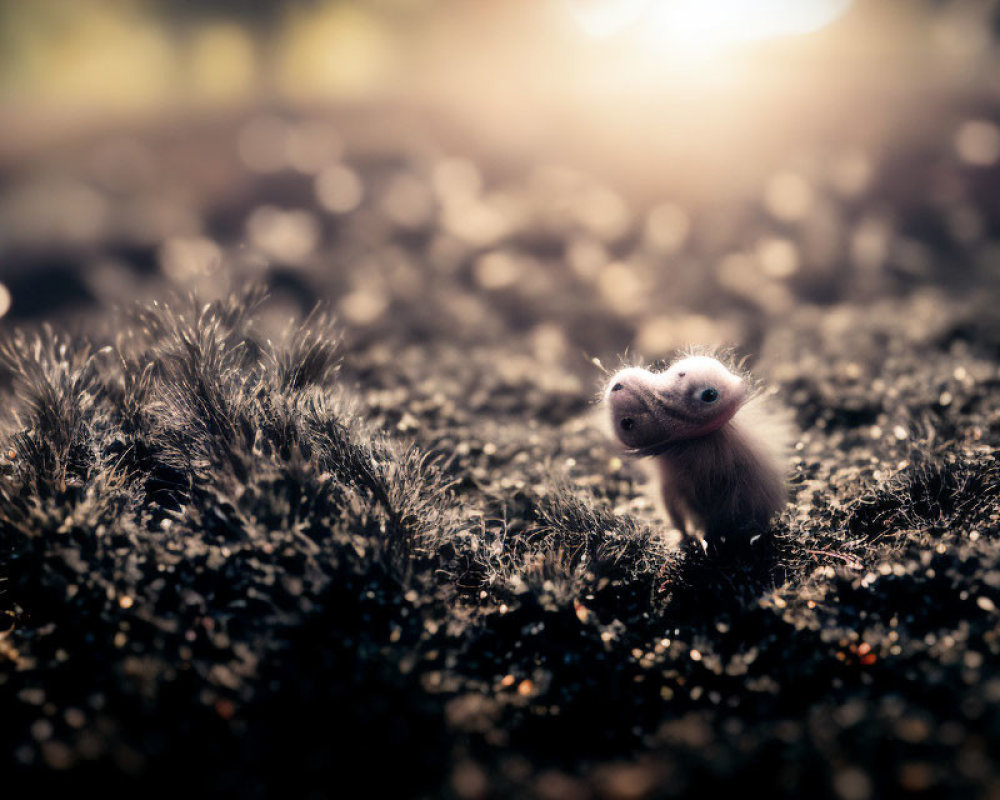 Tiny creature in soft sunlight against fuzzy backdrop