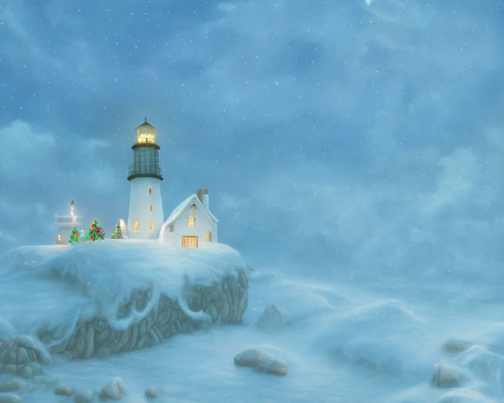 Snow-covered cliff lighthouse with Christmas tree under twilight sky