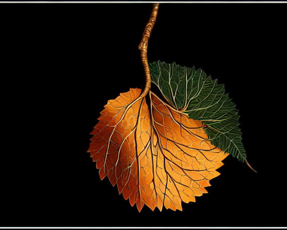 Gradient leaf symbolizing transition from green to orange on black background