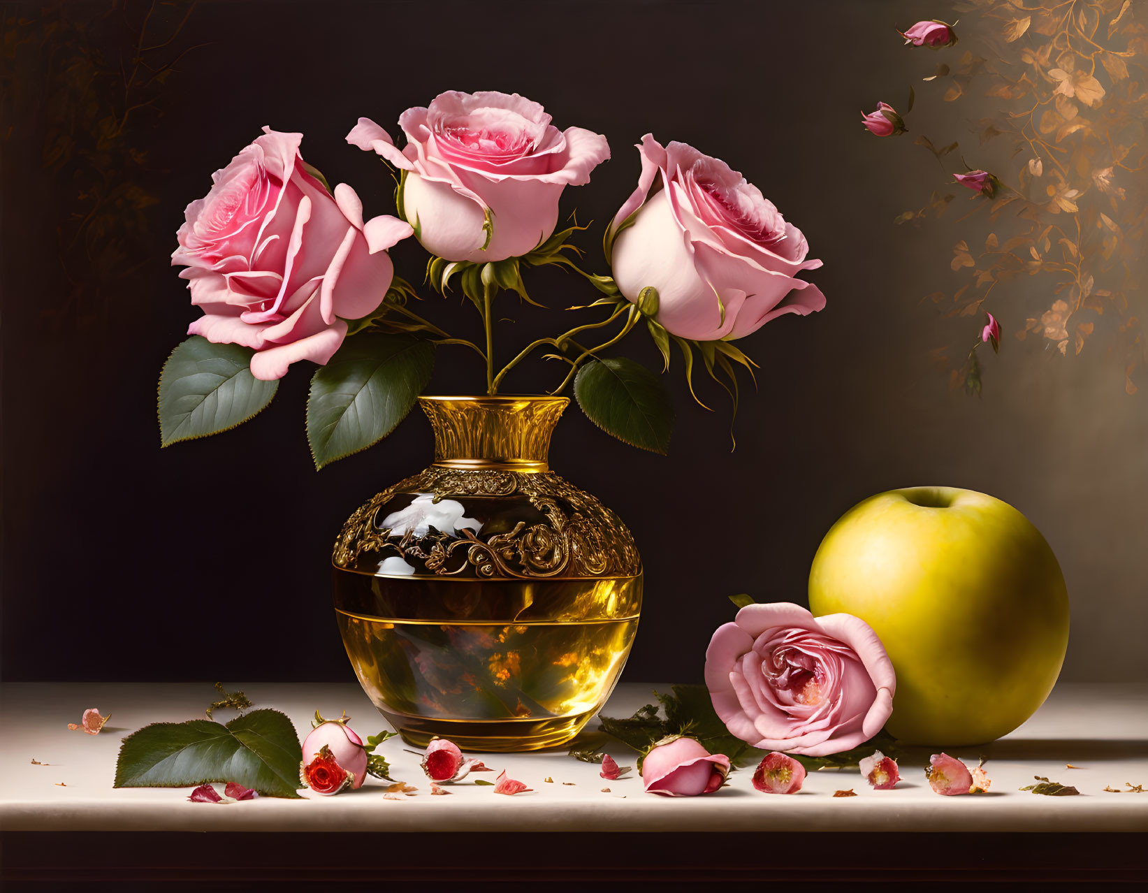 Pink roses in golden vase with apple and scattered petals on dark background