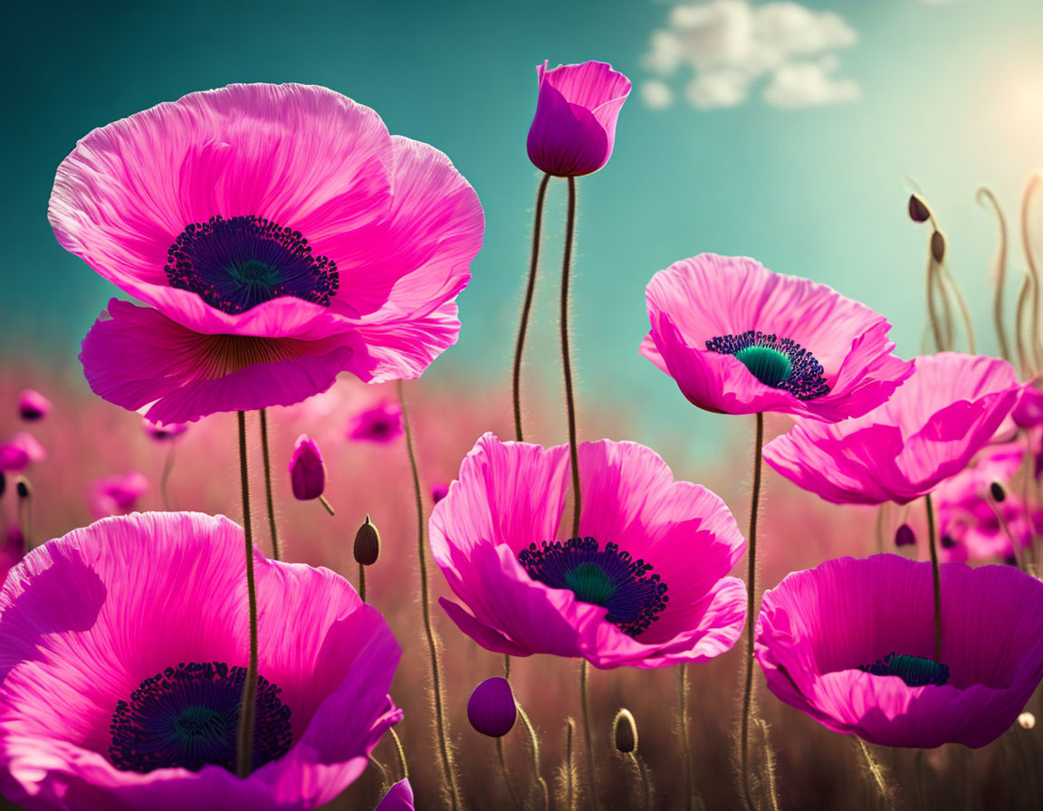 Beautiful Pink Poppies Blooming in Sunlit Sky