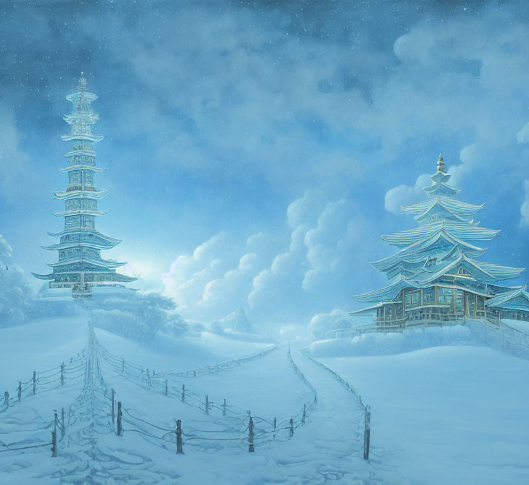 Winter landscape: Snow-covered pagodas under cloudy sky