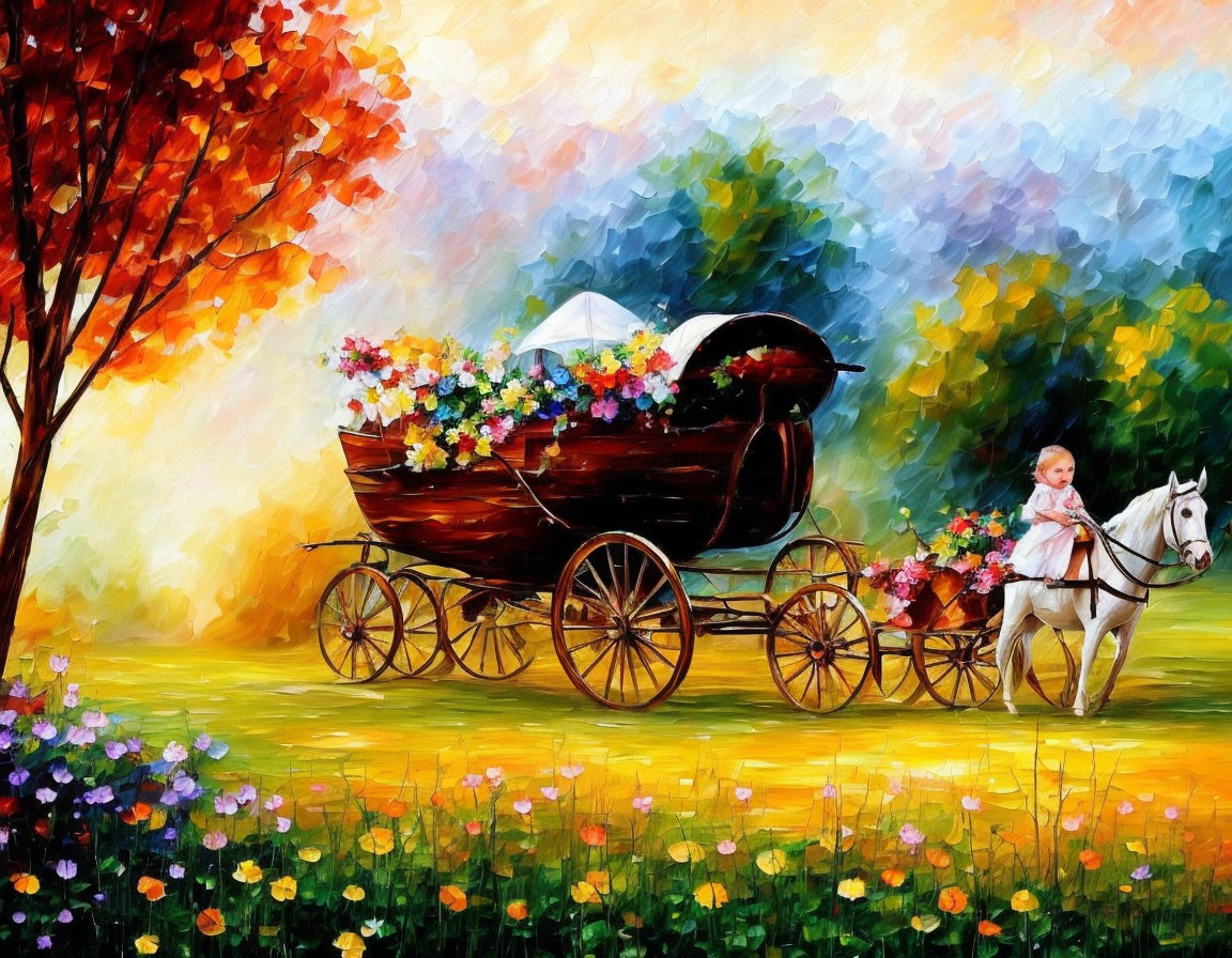 Vibrant painting of child on white horse with flower-filled wagon