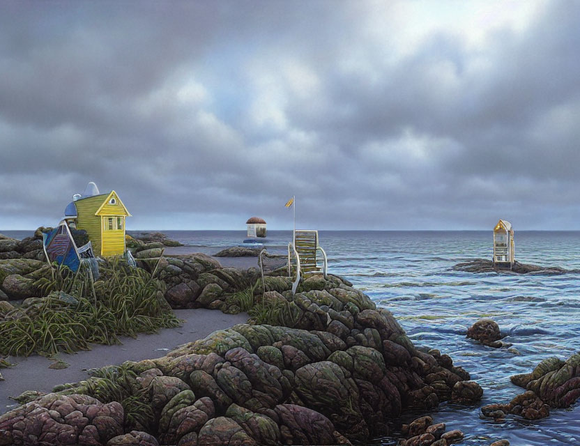 Surreal coastal landscape with oversized chairs and household items by rocky shoreline