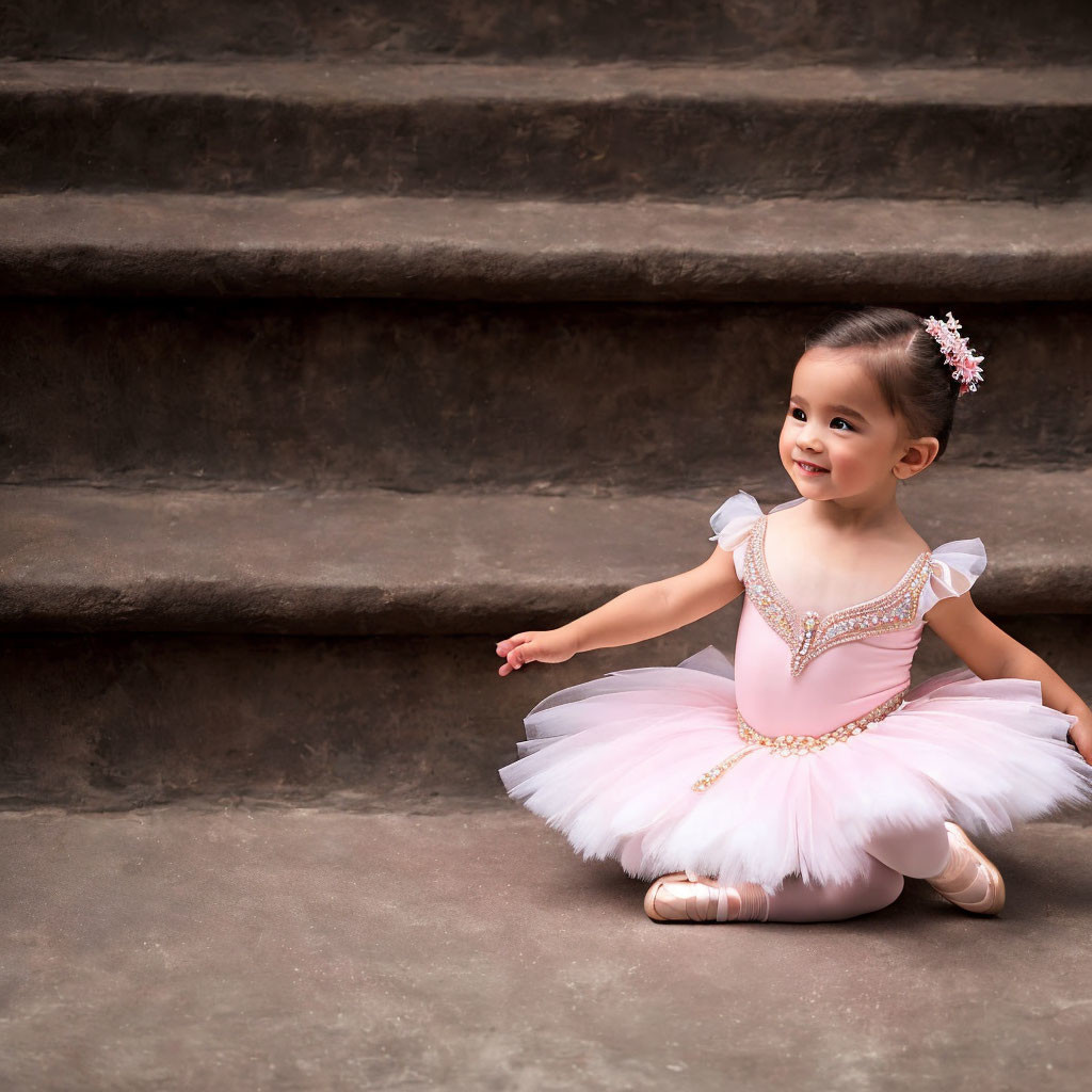 Child in pink tutu and ballet slippers sitting on gray steps with decorative hair clip